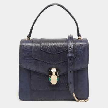 Pre Owned Bvlgari Navy Blue Karung Leather Serpenti Forever Top Handle Bag