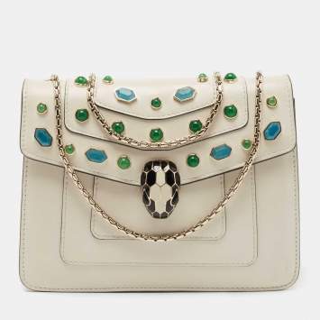 Pre Owned Bvlgari Off White Leather Serpenti Forever Crystal Embellished Shoulder Bag