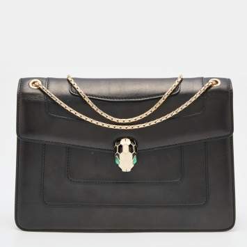 Bvlgari Black Leather Medium Serpenti Forever Flap Shoulder Bag