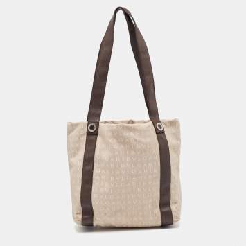 Pre Owned Bvlgari Beige/Brown Logo Mania Canvas and Leather Tote