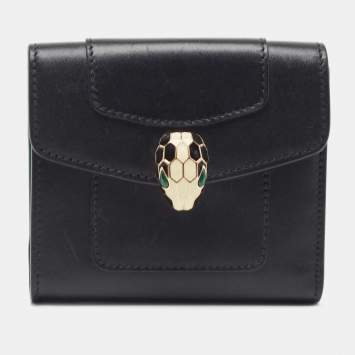 Pre Owned Bvlgari Black Leather Serpenti Forever Double Flap Compact Wallet