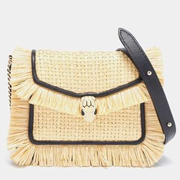 Bvlgari Cream/Black Raffia and Leather Mini Serpenti Forever Crossbody Bag