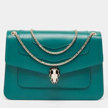 Pre Owned Bvlgari Green Leather Medium Serpenti Forever Flap Shoulder Bag