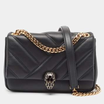 Pre Owned Bvlgari Black Quilted Leather Small Serpenti Cabochon Shoulder Bag