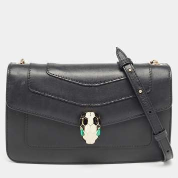 Bvlgari Black Leather Serpenti Forever Flap Chain Shoulder Bag