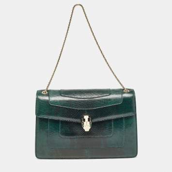 Pre Owned Bvlgari Green Karung Leather Medium Serpenti Forever Flap Shoulder Bag