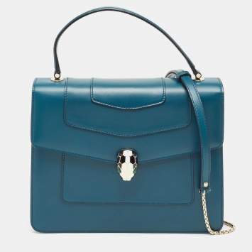 Bvlgari Teal Blue Leather Medium Serpenti Forever Top Handle Bag