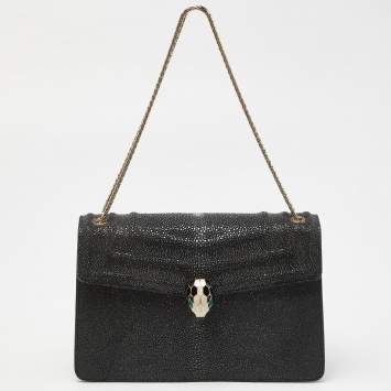 Pre Owned Bvlgari Grey/Black Stingray and Leather Medium Serpenti Forever Shoulder Bag