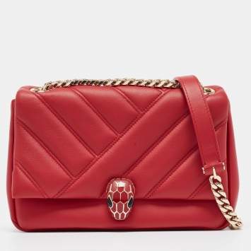 Pre Owned Bvlgari Red Quilted Leather Small Serpenti Cabochon Shoulder Bag