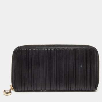 Bvlgari Black Pleated Leather Zip Around Wallet