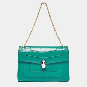Pre Owned Bvlgari Green Leather Medium Serpenti Forever Flap Shoulder Bag