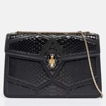 Pre Owned Bvlgari Black Python and Leather Medium Serpenti Diamond Blast Shoulder Bag