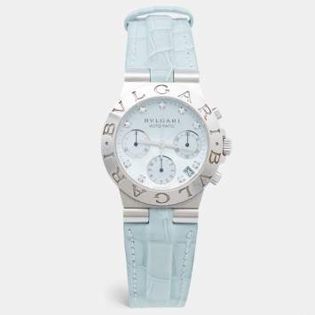 Bvlgari Blue Mother Of Pearl Diamond Stainless Steel Alligator Leather Diagono CH 35 S AUTO Women's Wristwatch 35 mm