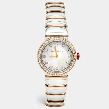 Pre Owned Bvlgari Lvcea 102475 White Mother of Pearl Diamond 18K Rose Gold Stainless Steel Women's Wristwatch 28 mm