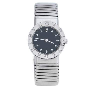 Pre Owned Bvlgari Black Stainless Steel Diamond Tubogas BB262TS Women's Wristwatch 26 mm