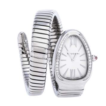 Pre Owned Bvlgari Silver Opaline Guilloché Soleil Stainless Steel Diamond Serpenti Tubogas 101910 Women's Wristwatch 35 mm