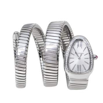 Pre Owned Bvlgari Silver Opaline Guilloché Soleil Stainless Steel Diamond Serpenti Tubogas 101910 Women's Wristwatch 35 mm