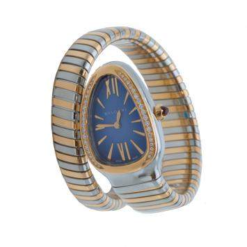 Pre Owned Bvlgari Blue Dial Serpenti Steel & Rose Gold Diamond Bezel Watch