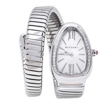 Pre Owned Bvlgari Silver Opaline Guilloché Soleil Stainless Steel Diamond Serpenti Tubogas 101910 Women's Wristwatch 35 mm