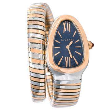 Pre Owned Bvlgari Blue 18K Rose Gold and Stainless Steel Serpenti Tubogas Women's Wristwatch 35 mm