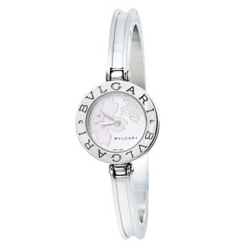 Pre Owned Bvlgari White Mother of Pearl Flower Motif Stainless Steel Diamonds B.Zero1 BZ22S Women's Wristwatch 22 mm