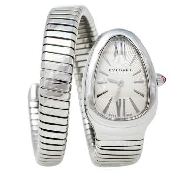 Pre Owned Bvlgari Silver Guilloché Soleil Stainless Steel Serpenti Tubogas SP 35 S Women's Wristwatch 35 mm