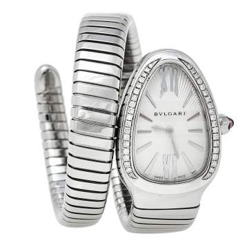 Pre Owned Bvlgari Silver Guilloché Soleil Stainless Steel Diamond Serpenti Tubogas SP 35 S Women's Wristwatch 35 mm
