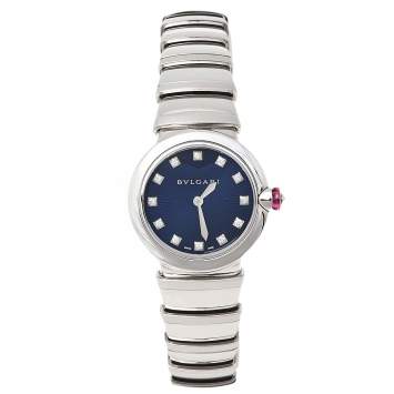 Pre Owned Bvlgari Blue Stainless Steel Diamond Lvcea LU 28 S Women's Wristwatch 28 mm