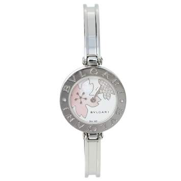 Pre Owned Bvlgari Mother of Pearl Flower Motif Diamond Stainless Steel B.Zero1 BZ 22 S Women's Wristwatch 22 mm