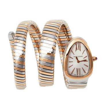 Pre Owned Bvlgari Silver 18K Rose Gold and Stainless Steel Serpenti Tubogas 102236 Women's Wristwatch 35 mm