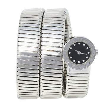 Pre Owned Bvlgari Black Stainless Steel Diamonds Tubogas BB 19 1TS Women's Wristwatch 19 mm