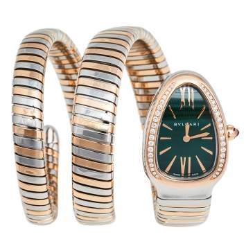 Pre Owned Bvlgari Green 18k Rose Gold Stainless Steel Diamonds Serpenti Tubogas 102791 Women's Wristwatch 23mm