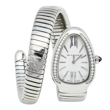 Pre Owned Bvlgari Silver Opaline Guilloché Soleil Stainless Steel Diamond Serpenti Tubogas 101816 Women's Wristwatch 35 mm