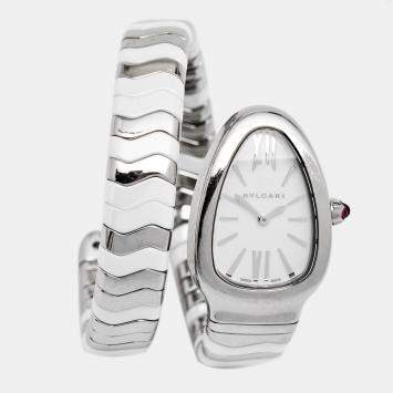 Pre Owned Bvlgari White Ceramic Stainless Steel Serpenti Spiga 102182 Women's Wristwatch 35 mm 