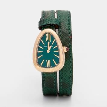 Pre Owned Bvlgari Green 18K Rose Gold Karung Skin Leather Serpenti 102726 Women's Wristwatch 27 mm