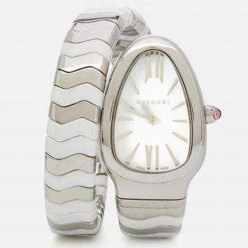 Pre Owned Bvlgari White Stainless Steel Ceramic Serpenti Spiga 102182 Women's Wristwatch 35 mm 