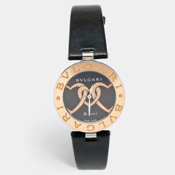 Pre Owned Bvlgari Black Interlocking Heart Motif 18K Rose Gold Stainless Steel Diamond Leather B.Zero1 BZP35S Womens' Wristwatch 35 mm