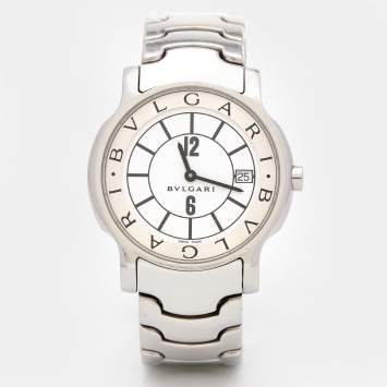 Pre Owned Bvlgari White Stainless Steel Solotempo ST35S Unisex Wristwatch 35 mm