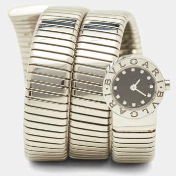 Bvlgari Black Stainless Steel Diamonds Tubogas BB 19 1TS Women's Wristwatch 19 mm