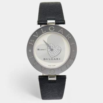 Pre Owned Bvlgari SIlver Heart Diamond Pave Stainless Steel Leather B.Zero1 BZ 35 S Women's Wristwatch 35 mm