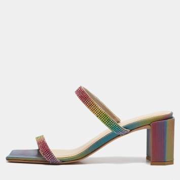 Pre Owned By Far Multicolor Crystal Embellished Leather Tanya Sandals Size 39