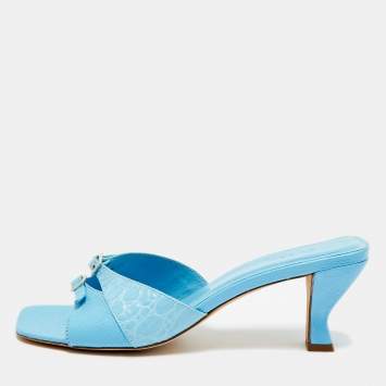 Pre Owned By Far Size 39 Blue Croc Embossed Leather and Leather Slide Sandals