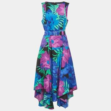 Pre Owned Calvin Klein Blue Floral Print Crepe Asymmetrical Midi Dress M  