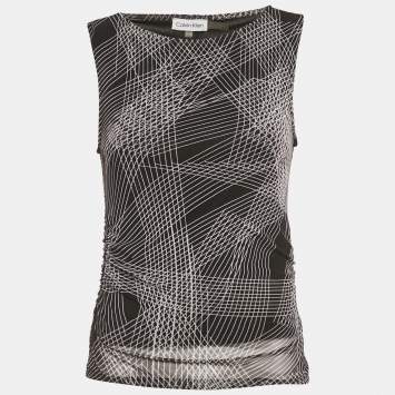 Pre Owned Calvin Klein Black Printed Mesh Sleeveless Top S