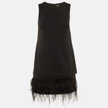 Pre Owned فستان كالفن كلاين كريب أسود بحافة ريش مقاس صغير (سمول)