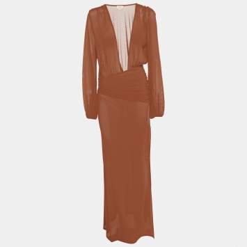 Pre Owned Camila Coelho Brown Jersey Mesh Plunge Neck Kimber Maxi Dress XS