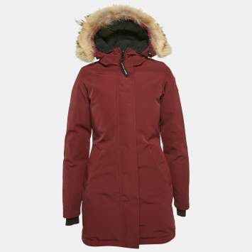 Pre Owned Canada Goose Burgundy Fur Trim Nylon Down Parka Jacket XS