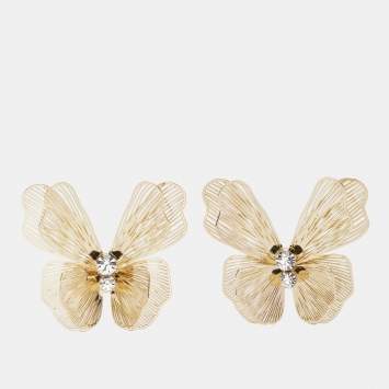 Pre Owned Carolina Herrera Laser Cut Butterfly Crystals Gold Tone Stud Earrings