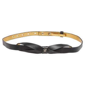 Pre Owned Carolina Herrera Black Leather Bow Slim Belt 75CM