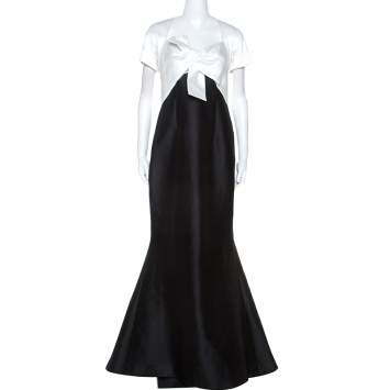 Pre Owned Carolina Herrera Ivory and Black Silk Blend Panel Flared Gown M